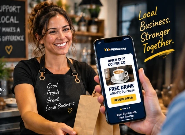 Local business owner with a customer viewing a Perkora offer on a phone